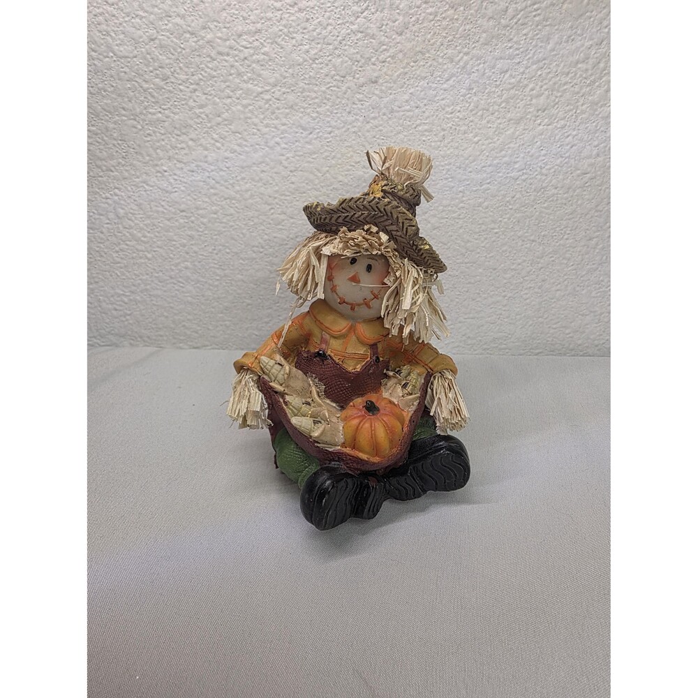 Vintage Fall Scarecrow Figurine with Pumpkin Rustic Autumn Harvest Decor Farm